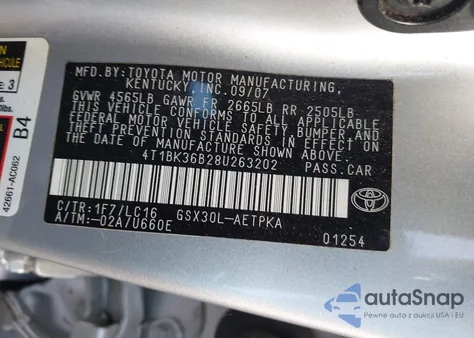 2008 Toyota Avalon Limited z USA, uszkodzony, nr VIN 4T1BK36B28U263202